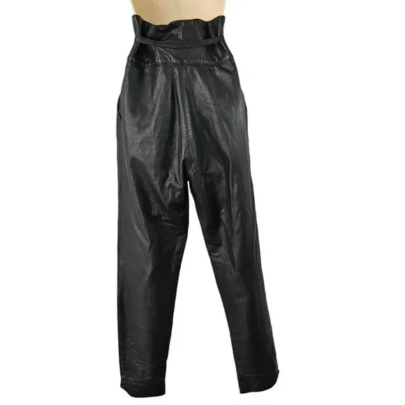 90s High Waist Leather Pants Laced Belt Slash Pockets Curved Hem Womens 26 Black - Picture 3 of 11